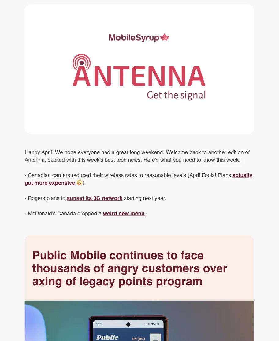 A screenshot of the MobileSyrup Newsletter Antenna